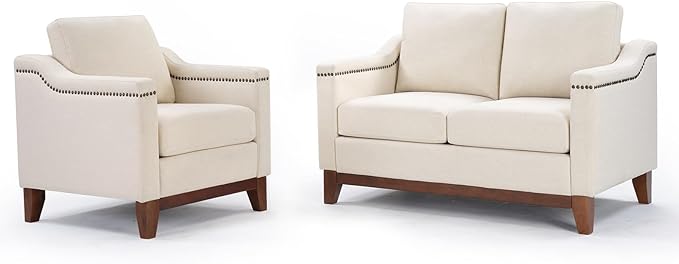 Modern 2 Piece Sofa Set with Rivets Included Chenille Accent Chair Upholstered Loveseat 2-Seater Couches with Solid Wood Legs Storage Ottoma Living Room Furniture SetBlue