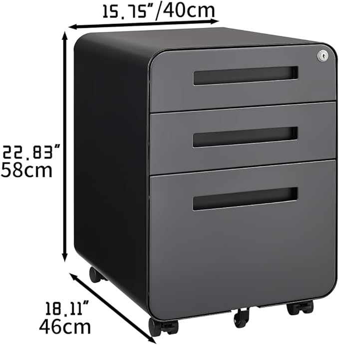 3-Drawer Mobile Filing Cabinet with Lock Legal/Letter Sized Office Storage Suitable for Offices and Study Rooms (Dark Grey)