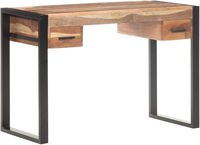 Farmhouse 43.3 Home Office Writing Desk with Drawers Wooden Home Office Desk Workstation with Steel Legs PC Laptop Desk Console Table for Living Room Study Room Brown