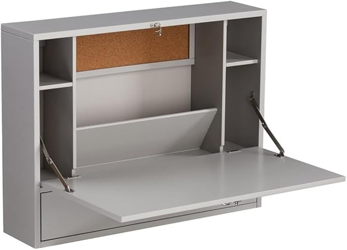 BOWERY HILL Modern Wooden Wall Mounted Laptop Desk Warm Gray Finish Engineered Wood Fold-Down Writing Surface Multiple Storage Compartments Corkboard Compact Design for Home Office or Kitchen