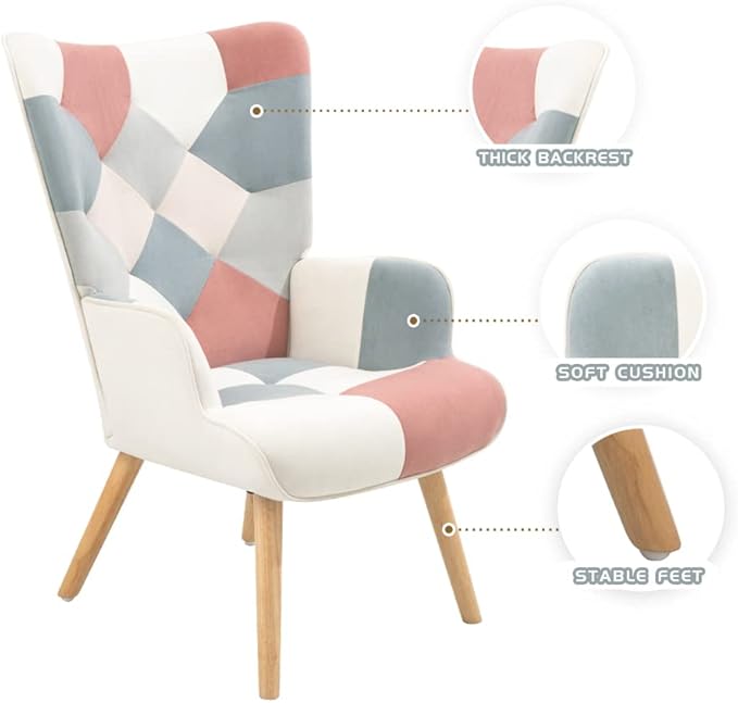 Accent Chair with Ottoman Living Room Chair and Ottoman Set Comfy Side Armchair for Bedroom Creative Splicing Cloth Surface Pink