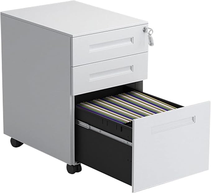 File Cabinet 3 Drawer Metal Mobile File Cabinet with Lock Under Desk Storage(Color:White)