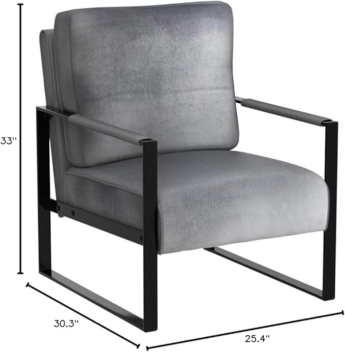 Container Furniture Classic Mid Century Modern Accent Chair with Durable Square Metal Frame Armchair for Living Room Bedroom Home Office in Plush Velvet Upholstery Grey