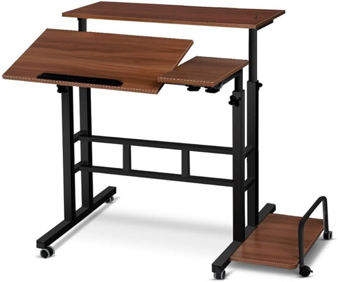 Small Standing Desk with Wheels Mobile Stand Up Desk Portable Standing Table on Wheels for Walking Pad Rolling Computer Desks Adjustable Height for Home Office School Dark Walnut