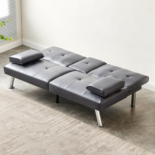 Convertible Folding Futon Sofa Bed with Metal Legs &amp 2 Cupholders Modern New Upholstered Couch Loveseat Sleeper Folding Couches Bed Removable Armrests for Small Spaces (Gray)
