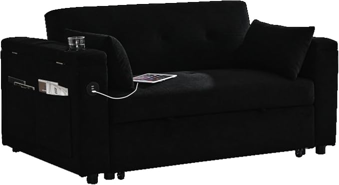 Convertible Sleeper Sofa Bed Pull-Out Recliner Couch with Adjustable Backrest Storage Armrests Side Pockets Cup Holders USB Charging Ports Chenille Loveseat for Living Room Use (Black)