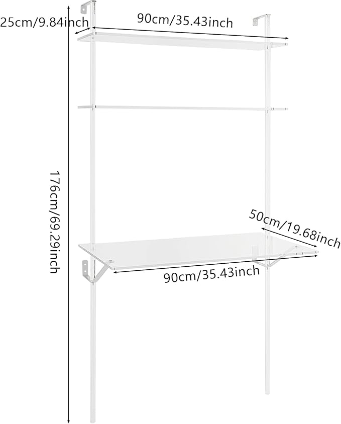 90x50x176cm Clear Acrylic Wall-Mount Ladder Desk - Stylish Space-Saving Design for Home or Office. Easy to Install Perfect for Computers and Work.
