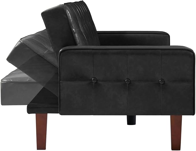 Vegan Leather Sofa Bed Sleeper Couch 74.4 Inch Convertible Loveseat Size for Small Space 3 Seater Chesterfield Button Tufted for Office Apartment Dorm Living Room Black