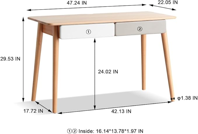 Solid Wood Computer Desk - 47'' Large Size Office Desk with 2 Drawers Modern Simple Style PC Table with Gap Design for Home Office Work Student Study Makeup Workstation (Beech)