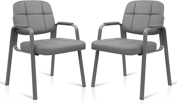 CLATINA Leather Guest Chairs Set of 2 Desk Chair No Wheels Office Reception with Padded Arms for Office Conference Waiting Room Grey