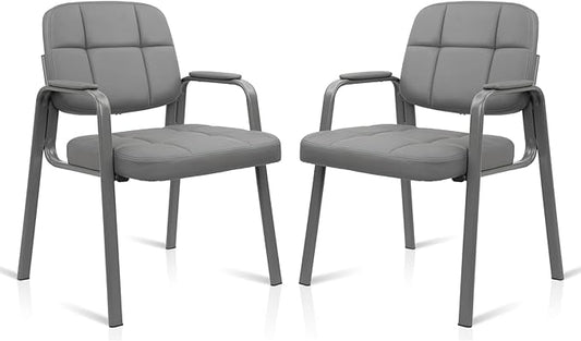 CLATINA Leather Guest Chairs Set of 2 Desk Chair No Wheels Office Reception with Padded Arms for Office Conference Waiting Room Grey