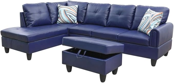 Blue L-Shaped 3-Piece Faux Leather Sofa with Storage Ottoman Set Sectional Couch Sofa Set for Living Room Office Small Space