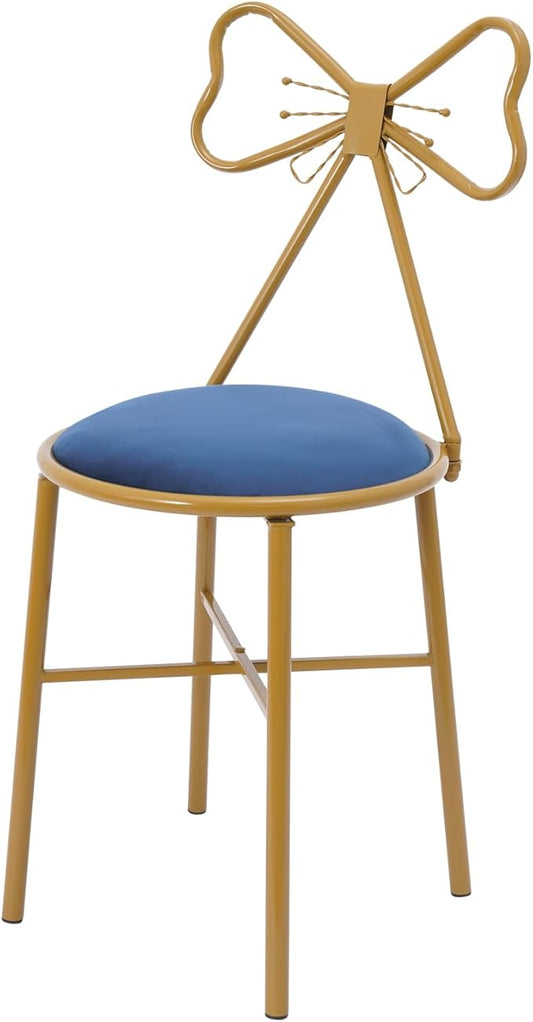Modern Vanity Chair StoolCute Makeup Chair w/Butterfly BackrestGirl's Stool Ottoman BenchMetal Bench Legs Gold Dining ChairBow Knot Design Seat for Bedroom Living Room (Blue Velvet)