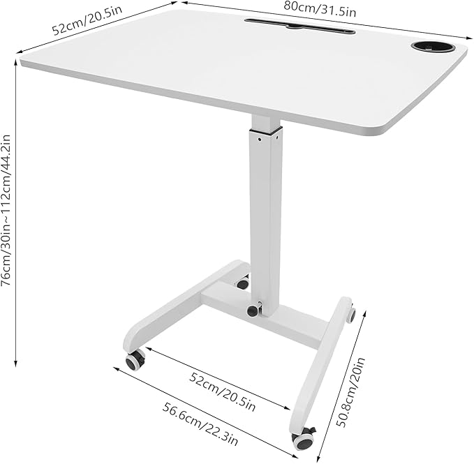 Adjustable Height Mobile Standing Desk with Wheels Pneumatic Lift Rolling Computer Table for Office Home Classroom White Iron Workstation w/Cup Holder &amp Pen Slot