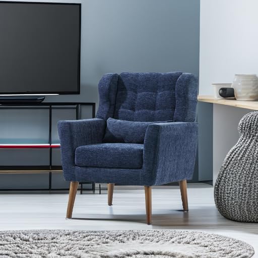 Livavege Mid Century Accent Chair with Wood Frame Chenille Fabric Modern Upholstered Lounge Reading Living Room Armchair w/Waist Cushion Comfy Single Sofa for Bedroom Sunroom Dark Blue