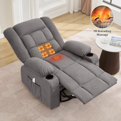 Oversized Recliner Chair for Adults w/ 4-Point 3D Kneading Massage and Lumbar Heating Swivel Rocker Recliner w/USB Charge Port for Living Room Ergonomic Lazy Boy Single Sofa Chair (Gray)