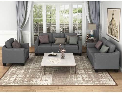 Eafurn 3-Piece Mid-Century Linen Upholstered Living Room Furniture Sets Include 3 Seater Sofa Loveseat Couches and Armchair with Tufted Back Cushions and Nailhead Trim for Living Room/Bedroom/Home