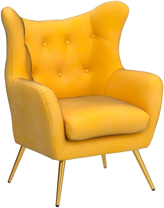 HULALA HOME Velvet Accent Chair Modern Wingback Arm Chair with Metal Gold Legs Velvet Tufted Upholstered Single Sofa Chair for Living Room Bedroom (Mustard)