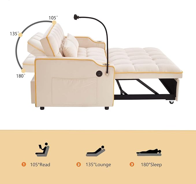 Loveseat Pull Out Couch 3 in 1 Convertible Sofa Bed Adjustable Backrest with Phone Holder Side Pocket &amp USB Port Modern Sofa for Living Room Bedroom Apartment (White)