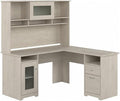 BOWERY HILL Wood L Shaped Computer Desk with Hutch Linen White Oak Finish 60W Wire Management Storage Cabinet File Drawer Adjustable Shelf Fluted Glass Door Home Office Desk and Organizer