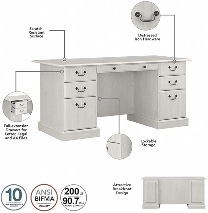 Scranton &amp Co Traditional Executive Desk Wood Construction Linen White Oak Finish 66W x 30D Lockable Drawers Breakfront Design Sturdy Computer Desk for Home Office or Workspace
