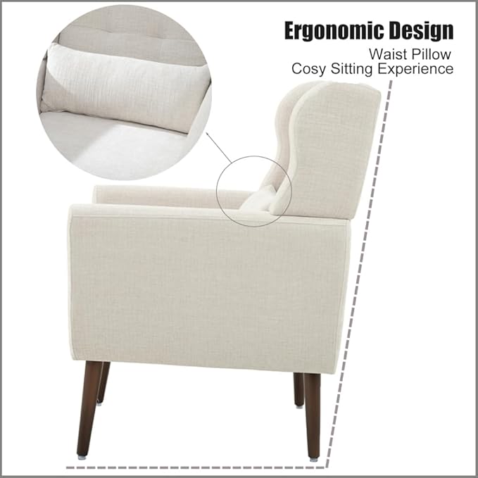 Modern Accent ChairChenille Arm Chairs for Living RoomUpholstered Mordern ArmchairComfy Soft Padded Lounge Chair in Small Space Bedroom w/Pillow Solid Wood Leg (Beige + Chenille)