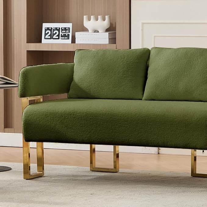 51 Comfy Loveset Sofa Green Small Teddy Love Seat Sofa Bedroom Mini Couch Living Room Side Chair with Gold Metal Legs for Dressing Area Reception Room Office (Green)