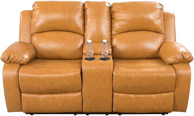 2 Seaters Recliner Loveseat Leather Reclining Couch with Cup Holder and Center Console for Living Room/Apartment/Office Ginger
