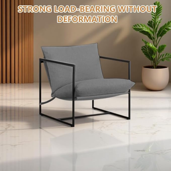 Mid-Century Modern Accent Chair Comfortable Indoor/Outdoor Lounge Chair with Cushion Armrests &amp Sturdy Iron Frame Leisure Reading Chair for Living Room Bedroom or Patio Grey