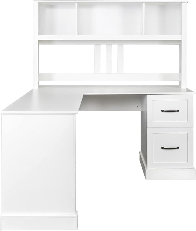 Home Office Computer Desk with Hutch &amp Storage - 2-Tier Shelves 2 Drawers for Study/Bedroom/Office (White/M)