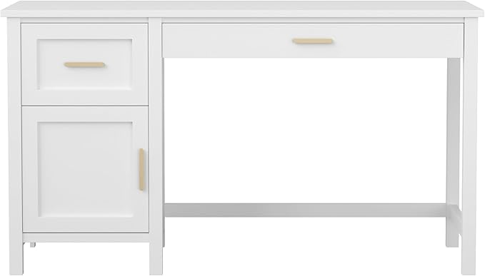 Martha Stewart Hutton Shaker Style Home Office Desk with Storage in White with Polished Brass Hardware