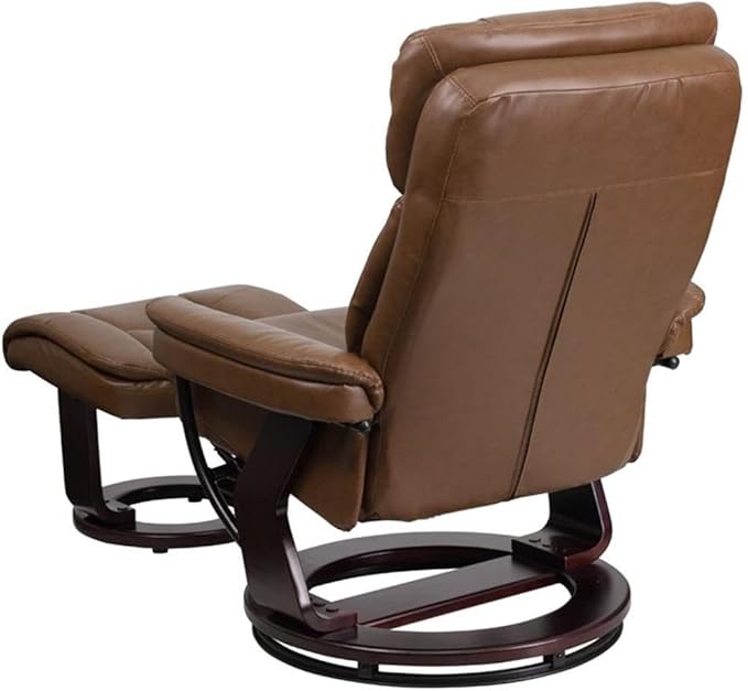 BOWERY HILL LeatherSoft Recliner and Ottoman 41.25 in H x 33 in W x 44.5 in D Palomino Brown Finish Integrated Headrest Swivel Base Mahogany Wood Frame Plush Arms Home or Office Seating