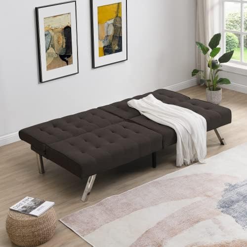 Convertible Futon Sofa Bed Modern 68'' Faux Leather Sleeper Couch for Living RoomGuest Bed Adjustable Backrest Upholstered Recliner Chair Loveseat for Compact Small Space Living Room (Brown New)