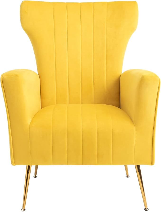 Generic Velvet Accent Chair Wingback Arm Chair with Gold Legs Upholstered Single Sofa for Living Room Bedroom Yellow