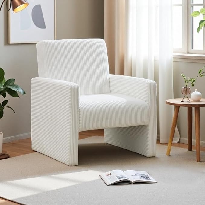 FUNKEEN Mid Century Modern Accent Chair for Living Room Small Comfy Corduroy Reading Chair for Bedroom with Solid Wood Frame 105° Ergonomic Cozy Lounge Armchairs for Adults – White