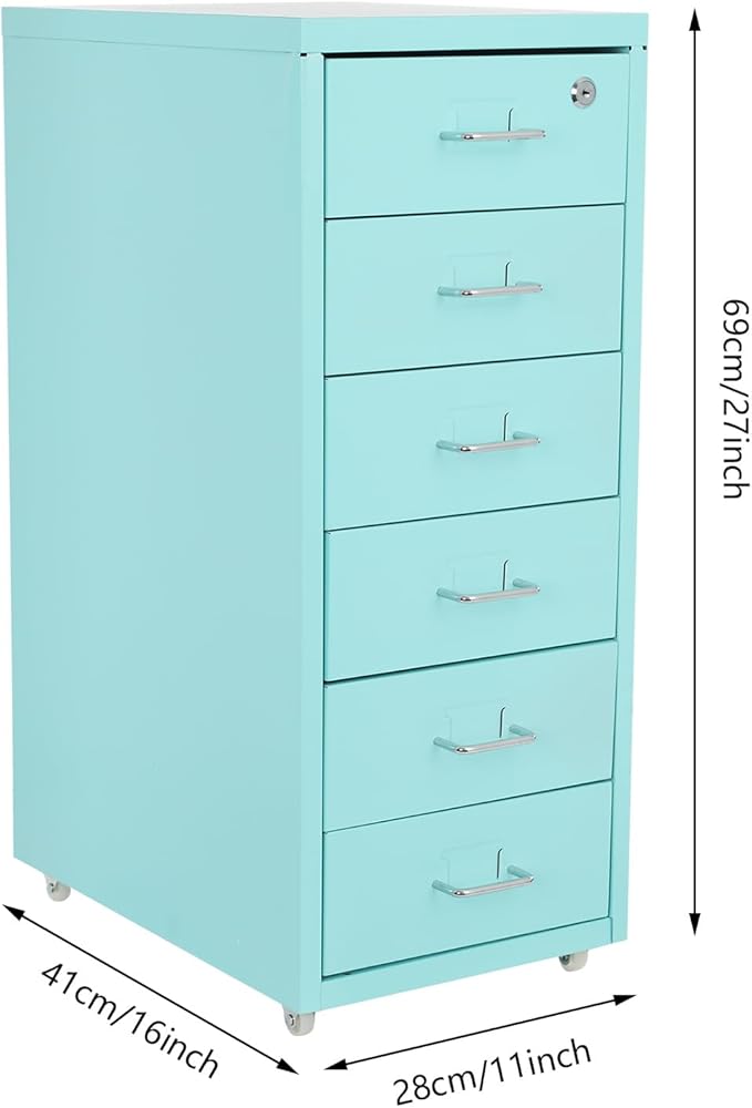 6 Drawer Mobile File CabinetVertical File Cabinet with Lock Metal Storage Cabinet for HomeOffice Horizontal Rolling Filing Cabinets for Letter/Legal/A4/F4 Hanging Files (Blue)