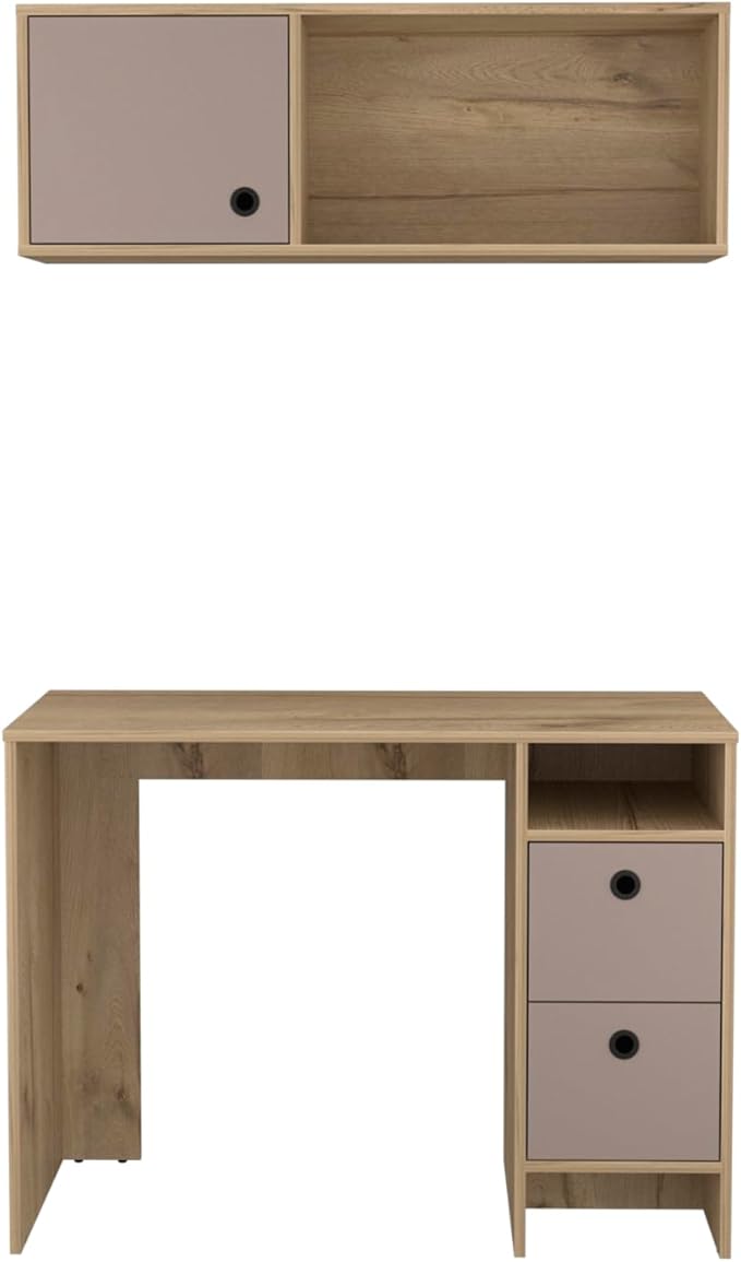 Khali 2-Pc Office Set - Light Oak/Taupe: Spacious Desk &amp Wall Cabinet for a Home Office