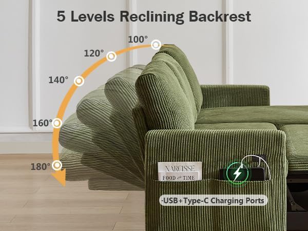 Vipbear 104 Sectional Sleeper Sofa Bed with Pull Out Bed U Shaped Couch Pull Out Couch with Reclining Backrest Reversible Storage Chaise USB Ports Tool-Free Assembly Corduroy Green