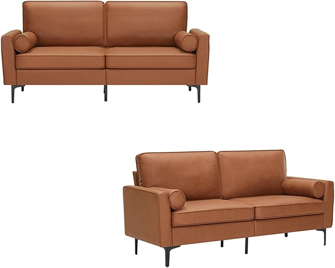 2 Piece Loveseat and Sofa Sets Mid Century Modern Decor Love Seat Couches for Living Room Upholstered 3 Seater Faux Leather with Deep Seats Easy to Install Small Couch for Bedroom (Brown Set of 2)