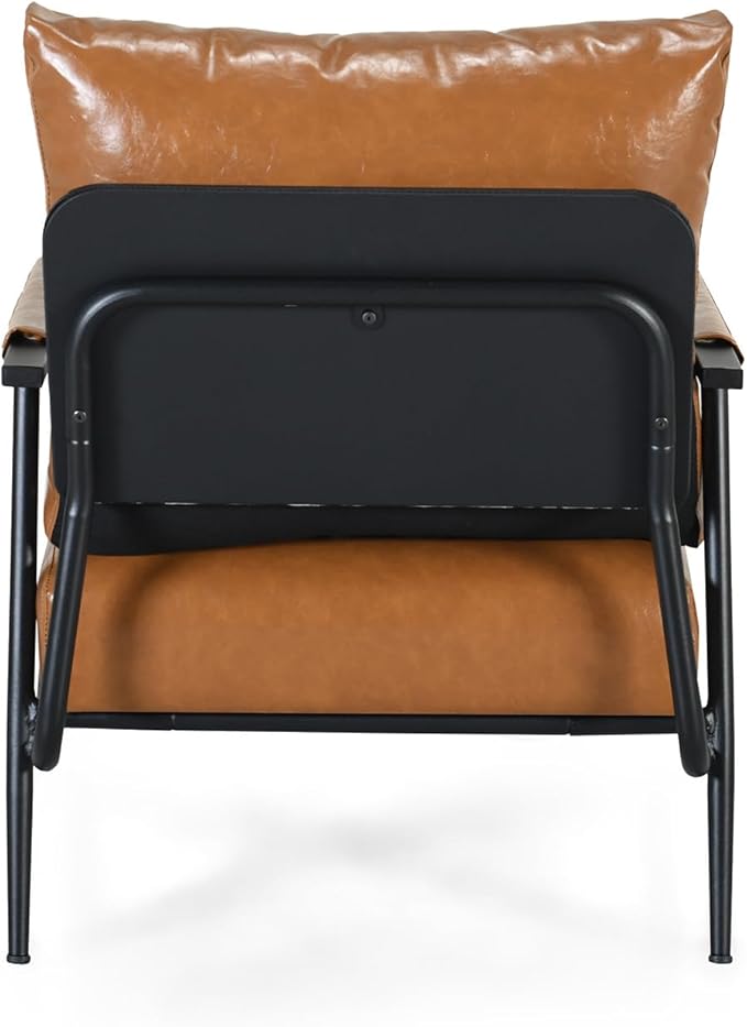 Mid Century Modern Accent Chair with Brown Faux Leather Upholstery Padded High Backrest Metal Frame and Wood Armrests Perfect for Living Room Bedroom Office Brown