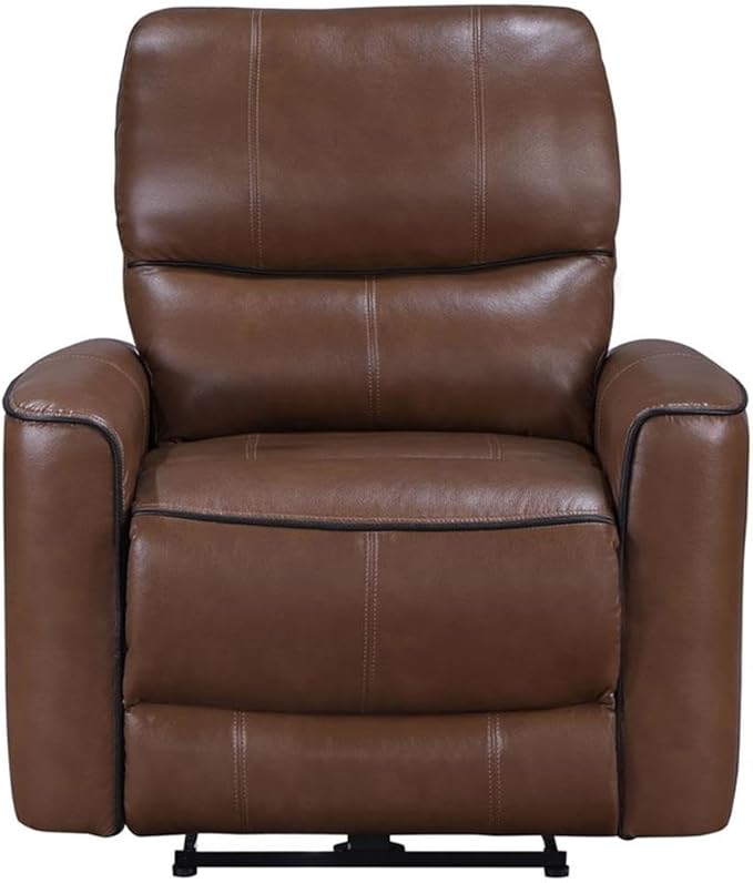Pemberly Row Modern Faux Leather Power Recliner Chair Saddle Brown 39.75 H x 36.5 W x 37 D Foam Cushions USB Port Power Recline Comfortable Living Room Seating