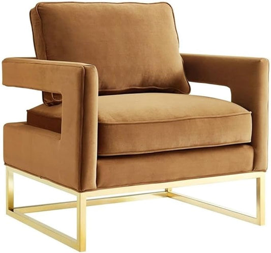 TOV Furniture The Avery Collection Modern Style Living Room Den Leather Upholstered Armchair with Gold Legs Cognac