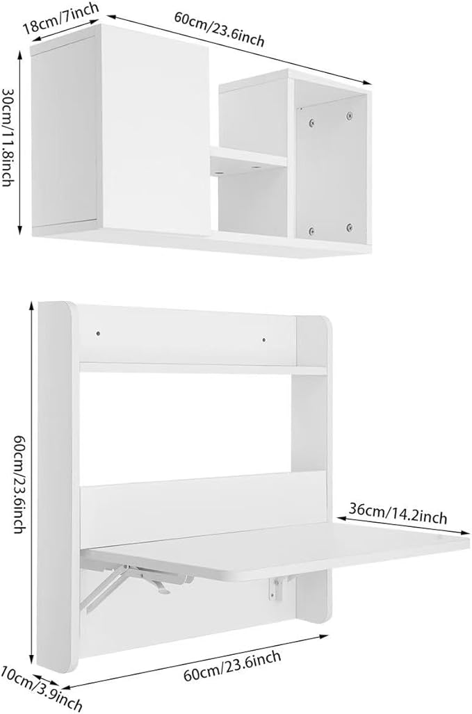 Floating Desk 24 Wall Mounted Folding Desk with Bookshelf Folding Wall Desks Space Saving Workstation with Storage Shelves for Home Office Bedroom Study Room Small Space