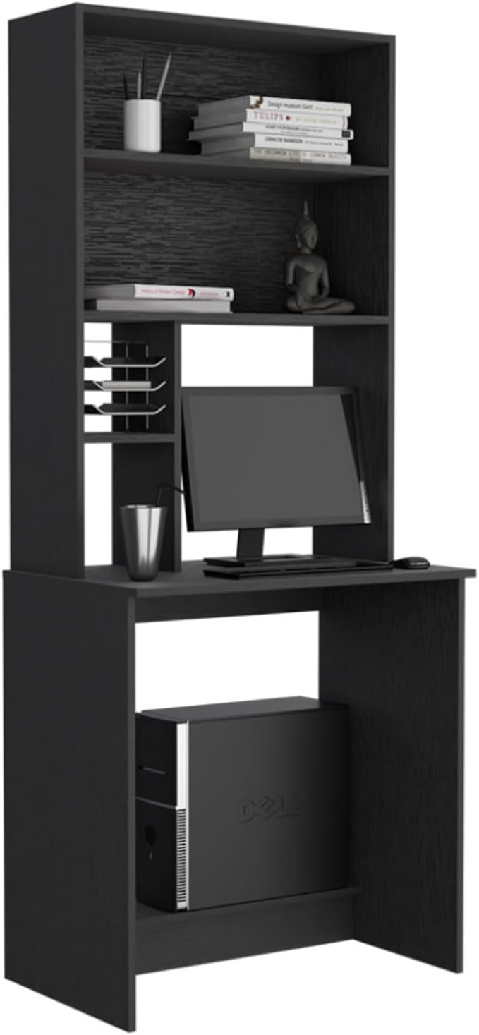 Computer Desk with Hutch 5 Storage Shelves and Lower Shelf Wide Compact Writing Desk for Home Office and Remote Learning Space-Saving Black Study Table for Bedroom