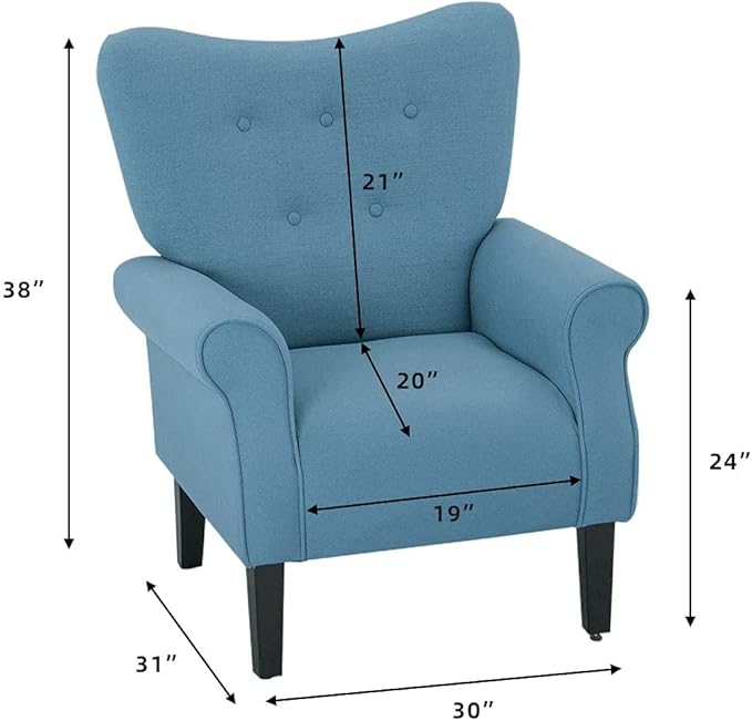 YOLENY Modern Accent ChairHigh Back ArmchairUpholstered Fabric Button Single Sofa with Wooden Legs for Living RoomBedroomClubLight Blue
