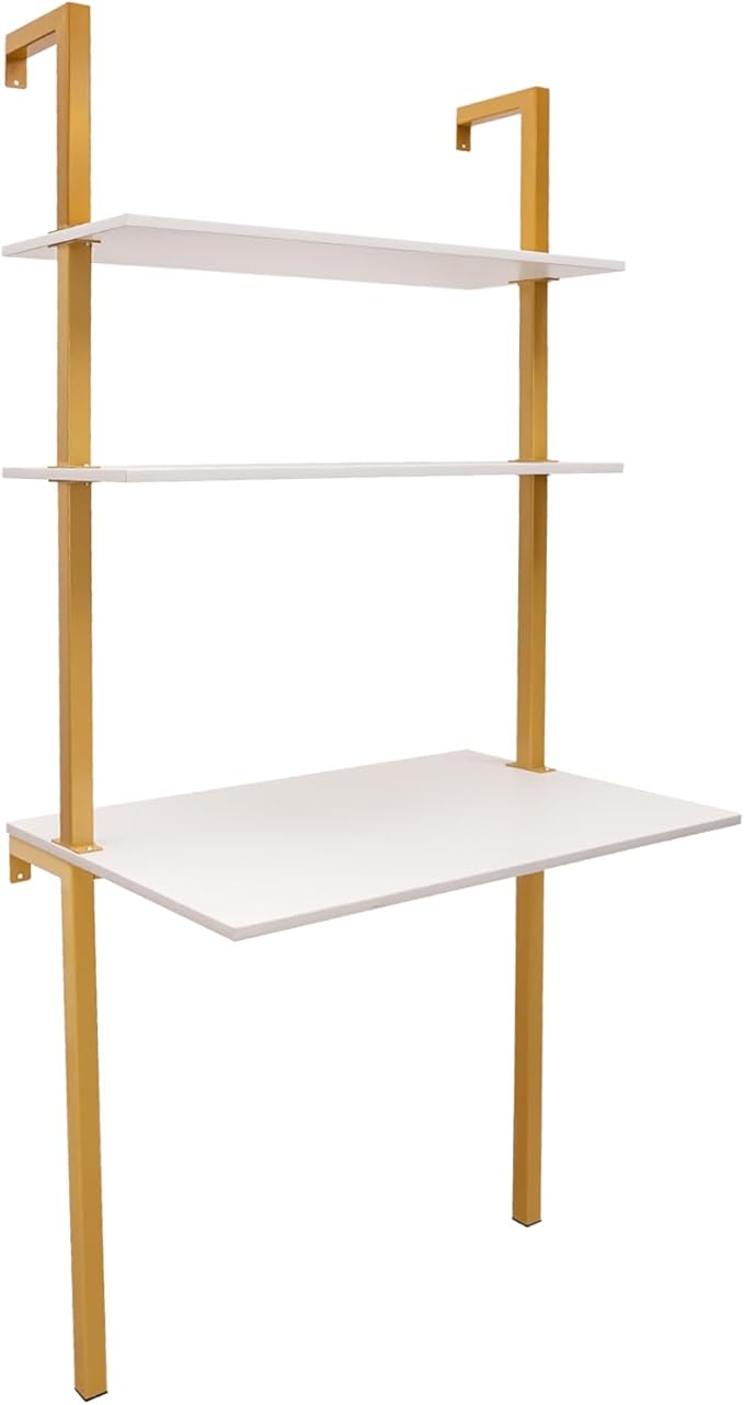3-Shelf Industrial Wall Mount Ladder Desk Small Computer or Writing Desk Gold and White for Homes Office School Small Spaces (30x20x73)