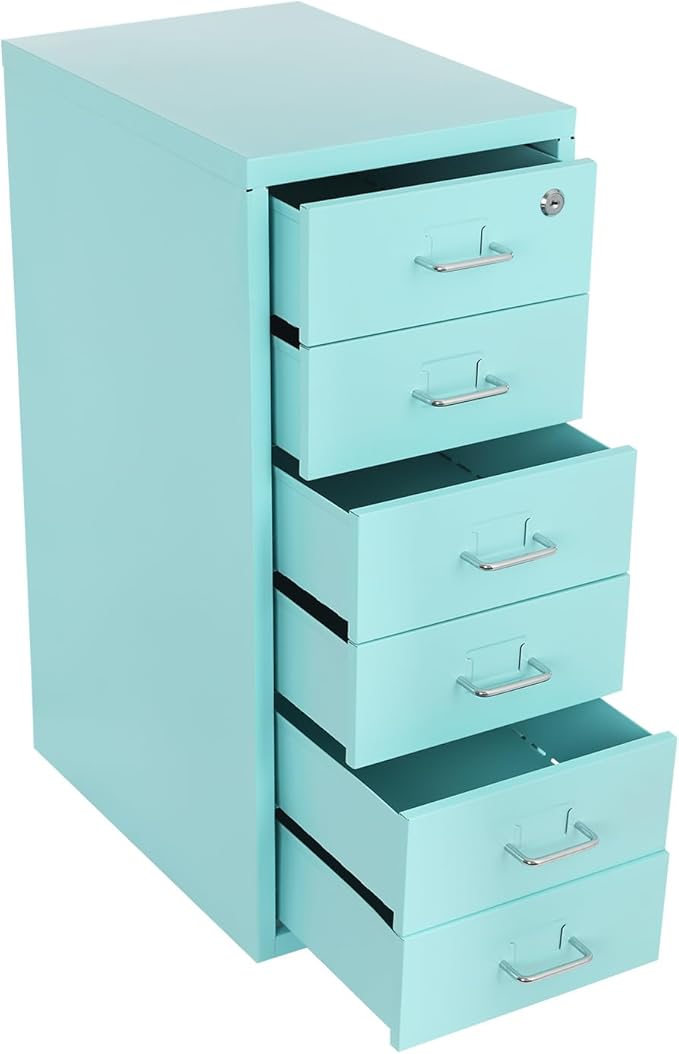 Office File Cabinet w/4 Wheels 6 Drawer Metal Small Vertical File Cabinets w/2 Lock Smooth Edges Mobile Storage Cabinet File Organizer for Home Office Living Room 11 * 16 * 27in (Blue)