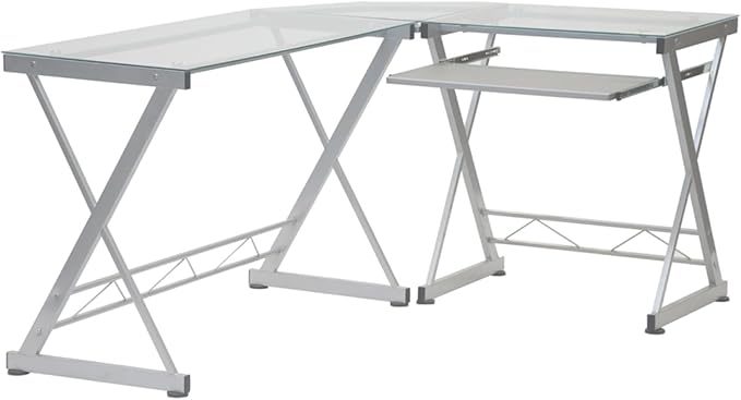 L-Shaped Writing Desk Computer Desk with Clear Tempered Glass Top Reversible Corner Design Pull-Out Keyboard Tray Scratch-Resistant Steel Frame for Home Office or Study