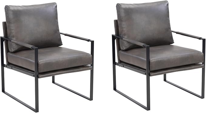 INZOY Mid Century Modern Accent Chair with Removable Cushions Set of 2 Comfy PU Leather Living Room Chairs with Thicker Backrest and Cushion Metal Frame Design Dark Grey