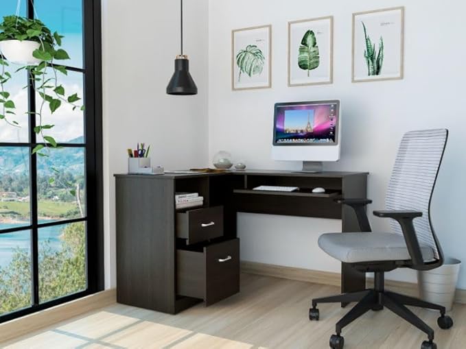 L-Shaped Desk with 2 Drawers Shelf &amp CPU Storage - Home Office Workstation